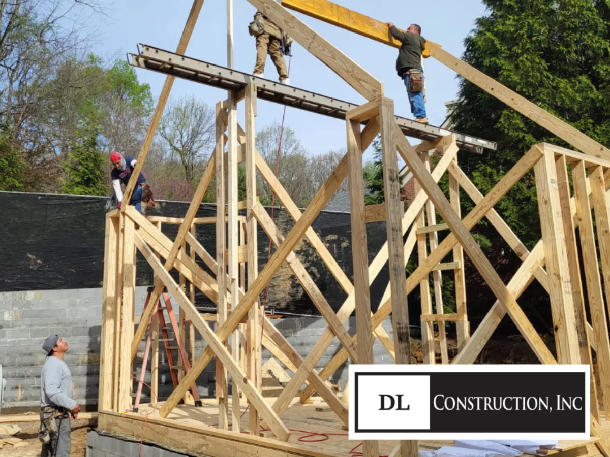 Construction project in progress with framing and materials